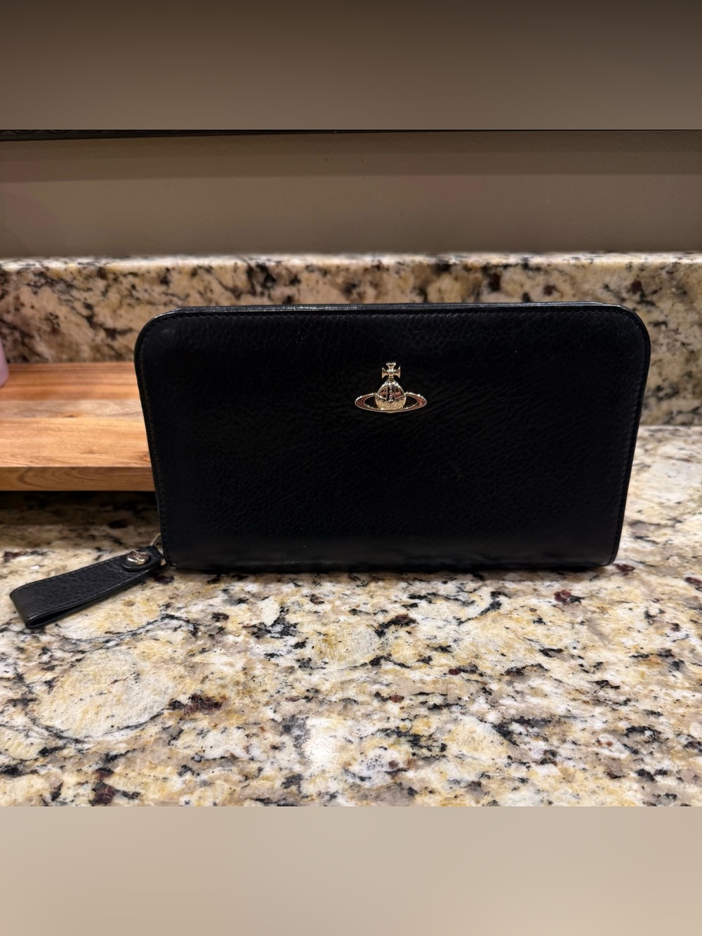 Vivienne Westwood Black Leather Zip-Around Wallet with Gold Orb